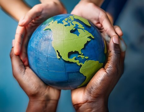 global unity with diverse hands holding green blue earth globe representing multicultural support and worldwide connection