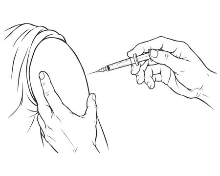 Vaccination Injection into Upper Arm, Medical Immunization Line Art Illustration.