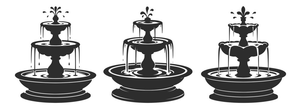 Classic Tiered Fountain Vector Illustration Ornamental Garden Water Feature Vintage Design.