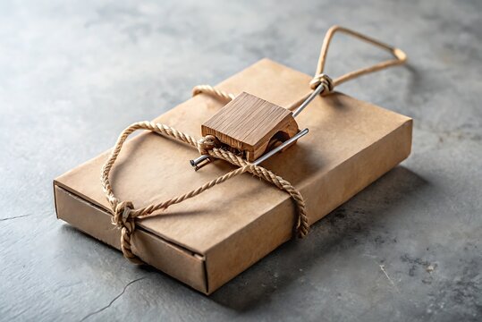 Brown Cardboard Box Tied With Rope And A Wooden Spring Loaded Trap Mechanism package
