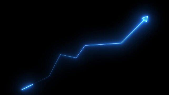 Glowing neon line market Recovery Concept. Successful growth trend red line graph going Up. Abstract neon line arrow business graph on dark background.