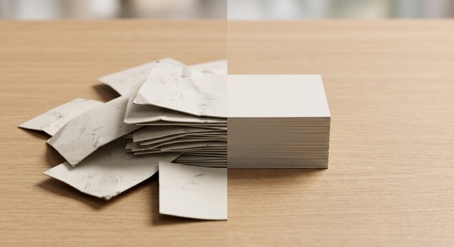 Crumpled disorganized paper pile versus neat organized stack on wood table