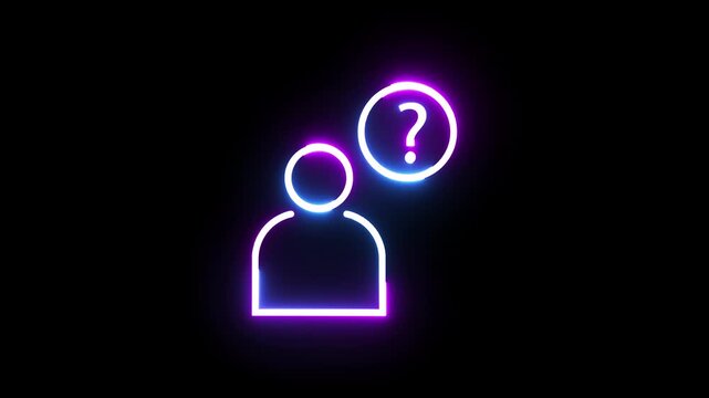 Neon user profile icon with a glowing question mark floating above head on black background.
