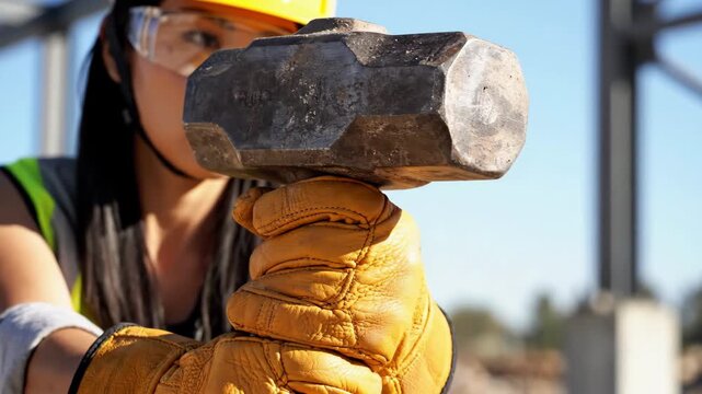 Close-up of a woman holding a sledgehammer. Female construction worker on site. Strength and empowerment in manual labor. Feminism concept