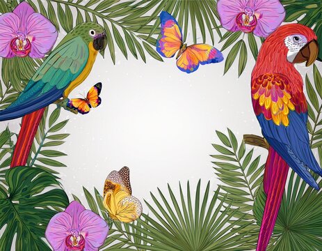 tropical frame with orchids parrots and butterflies border