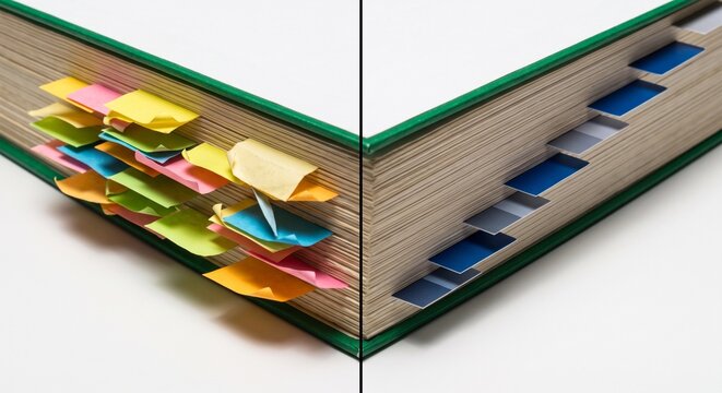 Efficient Book Organization: Traditional Sticky Notes versus Modern Cut-Out Tabs.