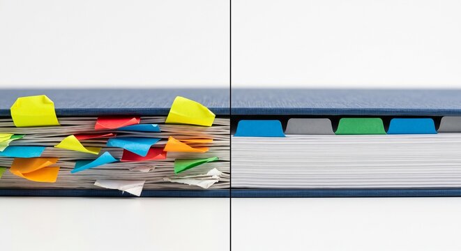 Messy and Organized Book with Tabs Illustrating Efficiency and Tidiness