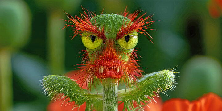 The Bloom That Snarls In Surreal Nature As Petals Twist Into Eyes And Teeth Beneath A Creature‑Like Face, ai generated.