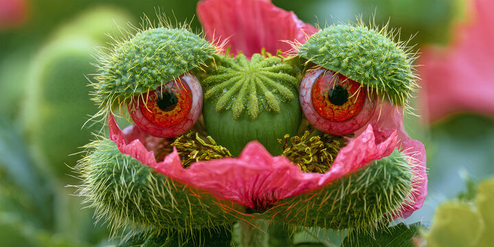 The Bloom That Snarls In Surreal Nature As Petals Twist Into Eyes And Teeth Beneath A Creature‑Like Face, ai generated.
