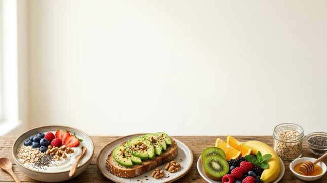 Healthy breakfast assortment with avocado toast yogurt and fruit platter
