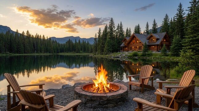 A beautiful log cabin by the lake featuring an outdoor fire pit and chairs.
