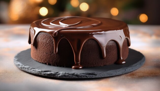 chocolate sponge cake with dark ganache dripping down the sides presented on a slate plate with a blurred background of soft colors