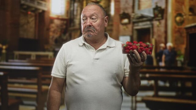 Man holding a clear carton of strawberries in right hand, unimpressed facial expression and shrugging gesture inside ornate church building; wry resignation.