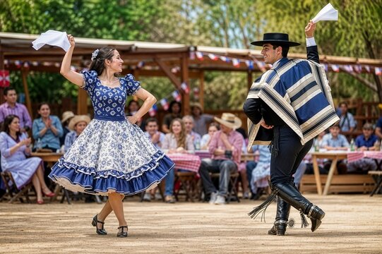 Chilean couple dancing traditional cueca with white handkerchiefs during a bright Fiestas Patrias celebration.