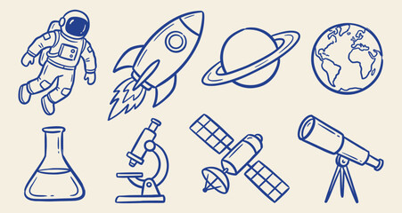 Hand drawn vintage vector set of science and space exploration icons including astronaut, rocket, and microscope © Future