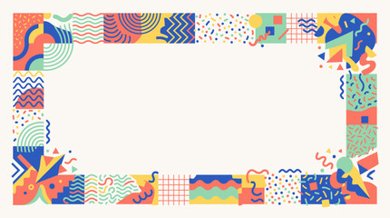 Obraz premium Colorful abstract geometric frame with Memphis style patterns and shapes.