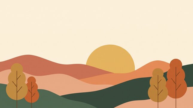 Landscape illustration with minimalist mountains and sun in bohemian aesthetic style
