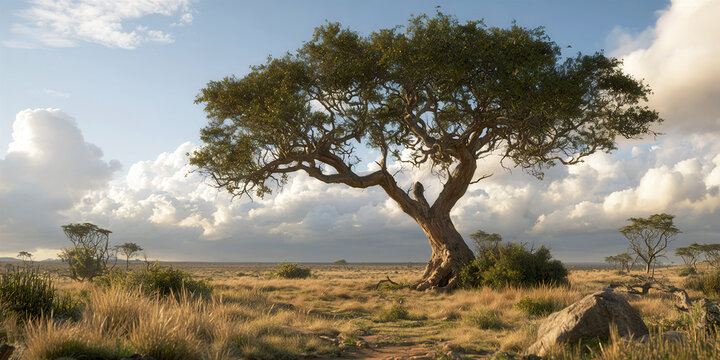 The Tree That Stands In Savanna Silence As Wide Branches Stretch Beneath Soft Clouds And Endless Grass, ai generated.