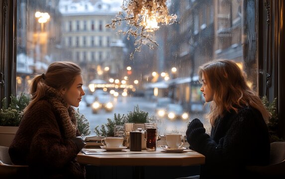 Two friends enjoying a warm conversation in a cozy cafe with a snowy street view, creating a winter ambiance