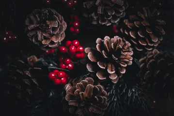 Christmas postcard background wreath pine cone tree. Merry Christmas and Happy new year greeting card. Coniferous berry texture decoration with white snow. 2027 New year eve poster wallpaper banner. © hitdelight