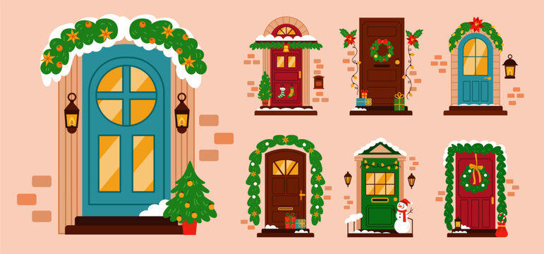 Christmas door. Cozy home, Xmas decoration. Front house. Winter entrance. Ribbon on tree, garland on branches. Holiday wreath, ball. Vector tidy celebration, cartoon flat style isolated illustration