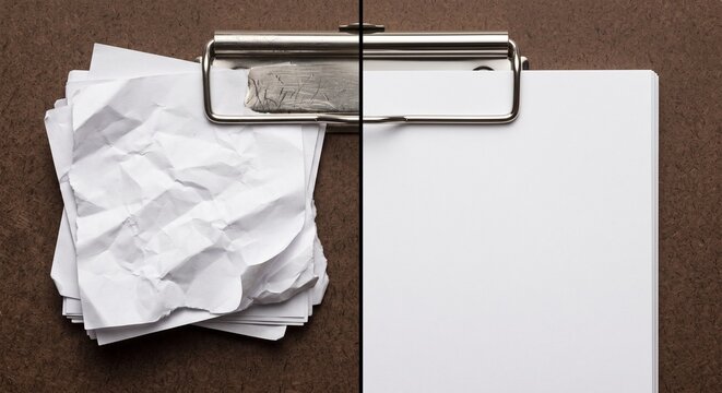Comparison of old crumpled papers with clean new papers on clipboard