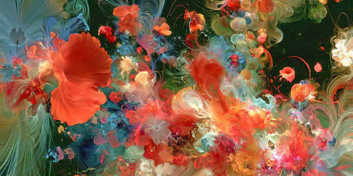The Bloom That Swirls In Vivid Motion As Colors Rise Through Fluid Shapes And Abstract Floral Energy, ai generated.