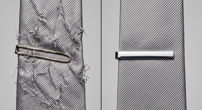Before and After: Damaged Frayed Tie with Broken Clip Versus Perfect Professional Necktie