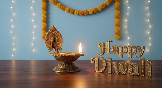 Traditional brass peacock diya with Happy Diwali text and marigold garland