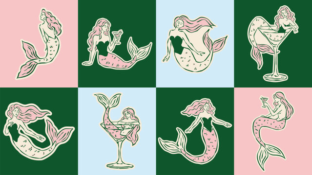 Mermaid vector illustration set, ink drawing sketch style. Hand drawn ocean art, vintage nautical line art, marine fantasy clipart, sea life vector graphics for print, web, branding.