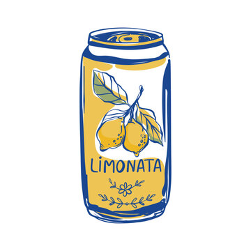 Vintage La Dolce Vita hand drawn limonata lemon soda can with citrus fruit. Whimsical chalk vector illustration isolated on white background.