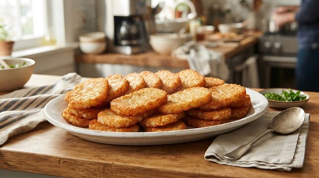 A large platter of crispy golden brown hash browns served on a rustic wooden kitchen table.