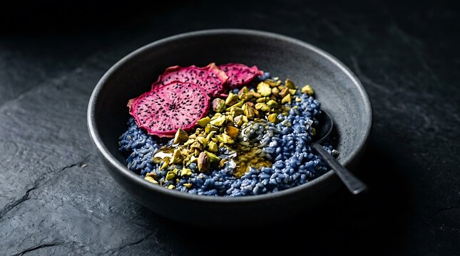Blue Rice Porridge with Dried Dragon Fruit and Pistachios