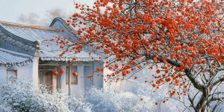The Temple That Rests In Winter Quiet As Red Lanterns Glow Beneath Snow And Bright Fruit Branches. ai generated.