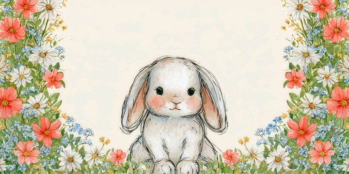 The Rabbit That Sits In Gentle Bloom As Soft White Fur Rests Among Flowers Of Quiet Spring, ai generated.