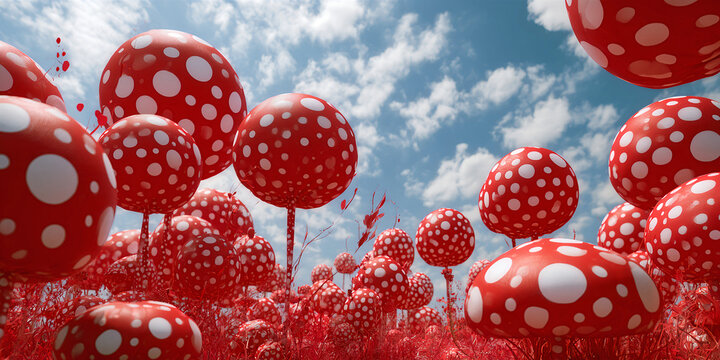 The Mushrooms That Rise In Surreal Red As Spotted Caps Tower Over A Dreamlike Forest Of Color, ai generated.