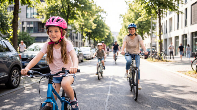 Young girl in pink helmet rides bicycle on city street with family, urban buildings and parked cars visible in the background