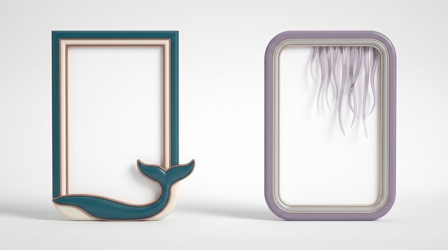 Minimalist picture frames with whale tail and purple hair details, modern nautical photo frame set on white background, creative vertical frames for art display, whimsical interior decor frames.