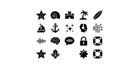 Beach and ocean themed icons with summer and vacation elements for travel and leisure design projects. © Artify Creations