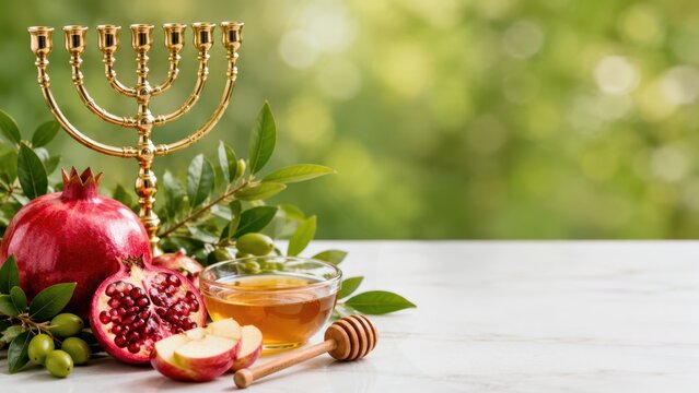 Yom kippur holiday arrangement with menorah, pomegranate plus honey on white table, jewish celebration background with copy space