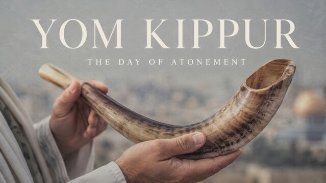 Yom Kippur Day of Atonement banner with traditional shofar horn and Jewish faith symbolism