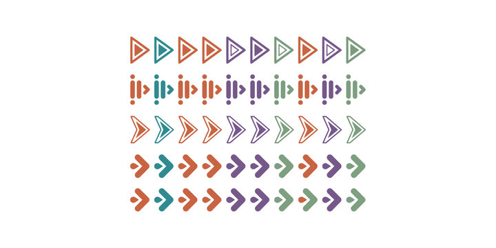 Multiple rows of colorful arrows pointing right in various styles on a transparent background.