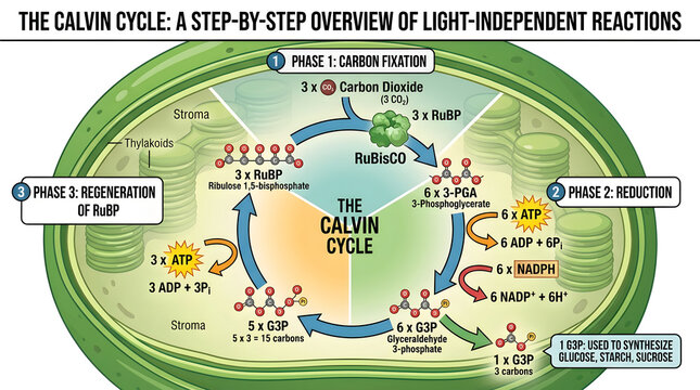 Comprehensive calvin cycle diagram step-by-step overview of light-independent reactions.