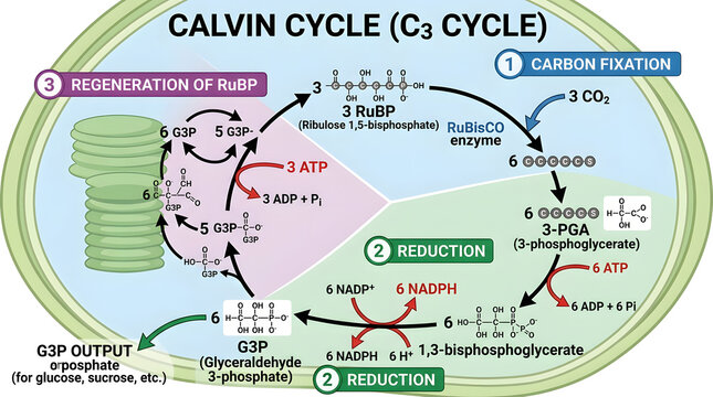 Detailed diagram of calvin cycle c3 cycle showing carbon fixation and reduction.