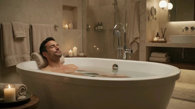 Relaxed man bathing in luxury tub surrounded by lit candles in serene spa bathroom. Warm ambient lighting, peaceful mood, wellness lifestyle.