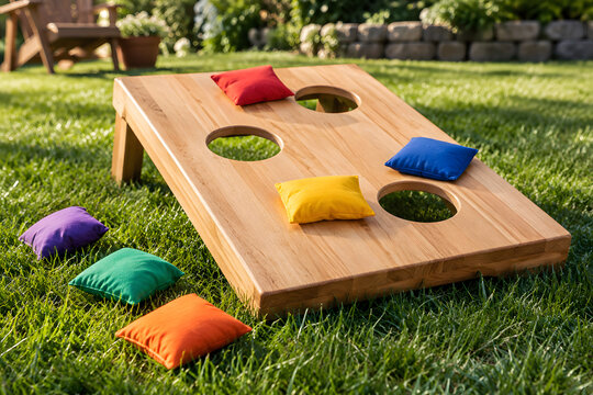 Ultra Realistic Colorful Bean Bag Toss Game with Bright Fabric Bags and Wooden Target Board Premium Recreation Photography