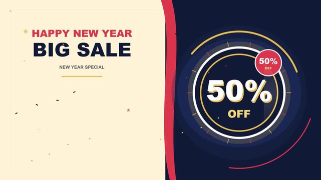 A vibrant promotional banner highlights a grand New Year savings event featuring fifty percent discounts to attract holiday shoppers who are seeking significant bargains during this festive