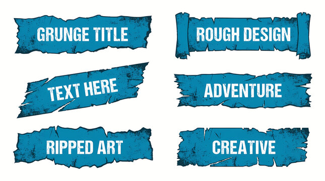 Collection of nine blue torn paper rectangles with rough edges isolated on white background, ideal for design elements