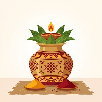 bonalu festival illustration with decorated offering pot and lit diya - ai generated