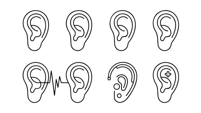 A set of linear ear icons representing hearing auditory senses and medical health diagnostics in a minimalist vector style